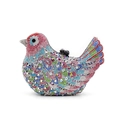 Detailed close-up of a bird-shaped evening clutch bag with multi-colored rhinestones - Pink Head Blue Multicolor