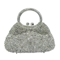 Silver floral rhinestone clutch bag with crystal buckle and round metal handle - White