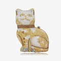 Macro detail of luxury cat evening clutch with glittering yellow and white rhinestones - Gold and Silver Multicolor