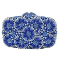 Close-up of blue floral rhinestone pattern on evening clutch bag with metal frame - Blue Gradient