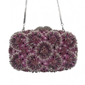 Pink and silver floral rhinestone evening clutch bag with metal chain strap - Purple Silver
