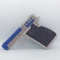 Detailed view of rhinestone handgun clutch featuring blue, white, and black crystals - Black Silver Blue