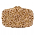 Close-up of champagne rhinestones in a floral mandala pattern on the metal evening clutch - Champagne