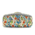 Detailed close-up of intricate gold metal grid with colorful rhinestones on a luxury evening bag - Gold Blue Multi