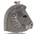 Detailed view of horse head clutch with silver rhinestones and butterfly clasp - Gray
