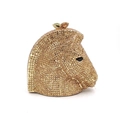 Detailed close-up of a luxury horse head clutch bag encrusted with sparkling gold crystals - All Gold