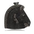 Detailed view of horse head clutch bag encrusted with black and grey gradient crystals - Black