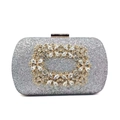 Detailed view of silver sequin evening clutch with crystal buckle and gold clasp - Silver
