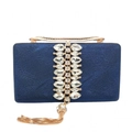 Dettaglio della borsa da sera in raso blu navy con strass lucidi e nappe dorate - Blu scuro