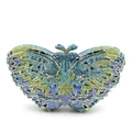 Detailed close-up of colorful crystal encrusted butterfly evening clutch with metal clasp - Light Blue Multi