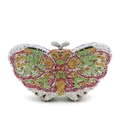 Close-up of vibrant crystal-encrusted butterfly evening clutch with ornate metal clasp - Silver Green