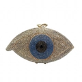 Detalle del bolso de fiesta con ojo de cristales azules y cierre de lazo metálico - Dorado / Circonita Blanca