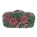 Sac pochette de soirée rectangulaire de luxe avec motif floral de rose en strass - Base Noir Fleur Rouge Feuille Verte