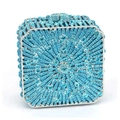 Detailed view of silver evening clutch with radiant sky blue crystals and gemstone clasp - Sky Blue