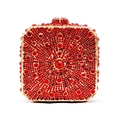 Detailed view of red rhinestone evening bag with sunburst pattern and gold metal frame - Red (Gold Hardware)