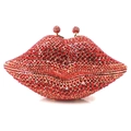Macro shot of red crystal lip clutch showing sparkling rhinestones and gold frame - Red with Gold Hardware