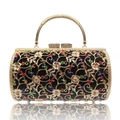 Elegant hollow metal evening bag with colorful rhinestones and gold handle on white background - Black