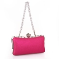 Elegant fuchsia satin evening clutch bag with sparkling floral diamond clasp and silver chain - Rose Red