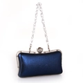 Navy blue evening clutch bag with sparkling rhinestone flower clasp and silver chain strap - Dark Blue