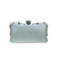 Detailed shot of silver evening clutch bag featuring a sparkling rhinestone sphere clasp - White