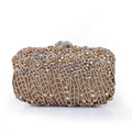 Close-up of evening clutch with intricate crystal flower patterns and gemstone clasp - Gold Base AB Rhinestone