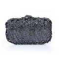 Detailed view of luxury evening clutch with hollow metal rose and crystal rhinestones - Dark Gray