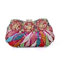 Close-up of luxury evening clutch with colorful crystal 3D flower and metal framework - Rose Red