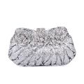 Detail of silver evening clutch featuring sparkling crystals and 3D rhinestone flower design - Silver / White Zirconia