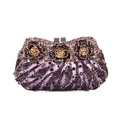 Detailed close-up of handmade purple crystal evening bag with 3D floral rhinestone patterns - Purple