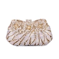 Detailed view of handmade crystal flower patterns and rhinestones on the golden evening bag - Gold Base AB Rhinestone