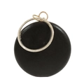 Pochette de soirée ronde en satin noir avec poignée anneau sertie de strass brillants - Noir
