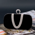 Detail of black velvet clutch bag with U-shape diamond ring clasp and rhinestone chain - U-Shaped Rhinestone Black (A860)