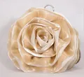 Macro detail of the champagne silk rose evening bag with a round silver metal handle - Apricot