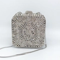 Silver square evening clutch bag with sunburst rhinestone pattern and chain strap - Silver