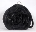 Detail of black rose satin evening bag with silver metal ring and woven handle strap - Black