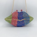 Lip-shaped crystal clutch purse with colorful rhinestones and gold chain strap - Gold Multicolor