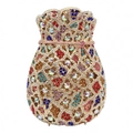 Macro detail of luxury evening bag with multi-color rhinestones and hollow metalwork - Gold Multicolor