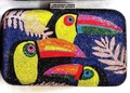 Close-up of colorful rhinestone toucan pattern on luxury evening clutch with crystal clasp - Toucan Pattern (Toucan) / Dark Blue