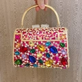 Luxury rose red evening clutch bag with colorful rhinestones and gold handle - Rose Red