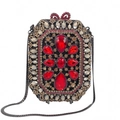 Dettaglio borsa da sera lussuosa con fiori di strass rossi e catena in metallo - Nero Rosso
