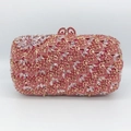 Pink rhinestone stone clutch with hollow floral leaf patterns and gold metal frame - Pink