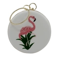 White round evening clutch with pink flamingo embroidery and diamond-encrusted gold handle - White