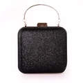 Minimalist square evening clutch with black glitter finish and silver metal ring handle - Glitter Black