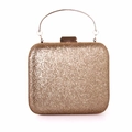 Elegant gold glitter square evening clutch bag with round metal handle and chain - Glitter Gold