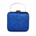 Detail of royal blue glitter clutch with gold circular handle and metallic frame - Glitter Blue