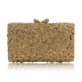 Close-up of golden evening clutch featuring butterfly clasp and sparkling rhinestones - Gold / Gold Rhinestone