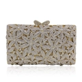 Elegant rectangular crystal evening clutch bag with 3D floral pattern and bow clasp - Gold / White Zirconia