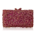 Macro detail of rose red rhinestone evening clutch with 3D flower pattern and butterfly clasp - Rose Red
