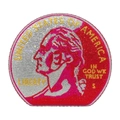 Macro detail of red and silver rhinestones on the US Quarter coin shaped evening clutch - Red