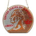 Detailed view of round dollar coin evening bag with colorful crystals and gold chain - Gold
